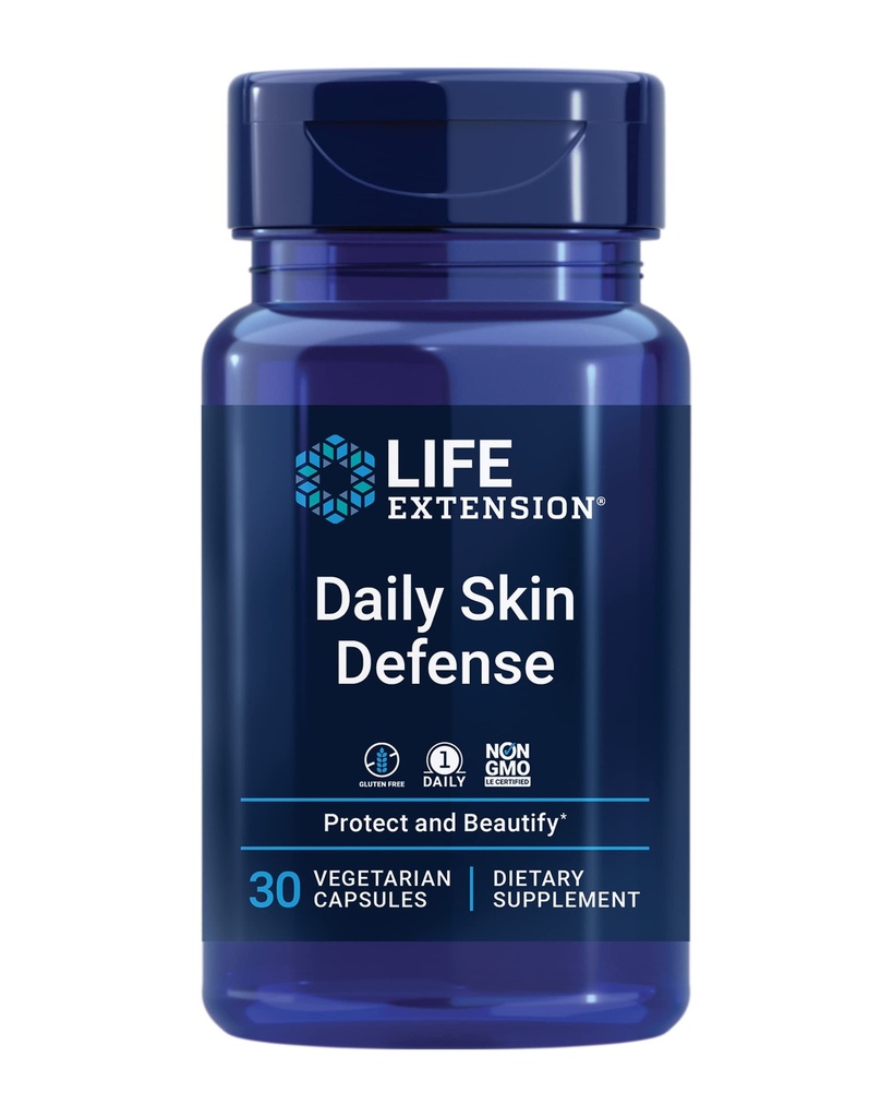 Life Extension Daily Skin Defense, C-vitamin, ceramider, Rosemary, Lemon Verbena, Hjælper Fight oxidative Stress & Udseende af Wrinkles, Gluten- Free, Once- Daily, Non- GMO, Vegetar, 30 Kapsler