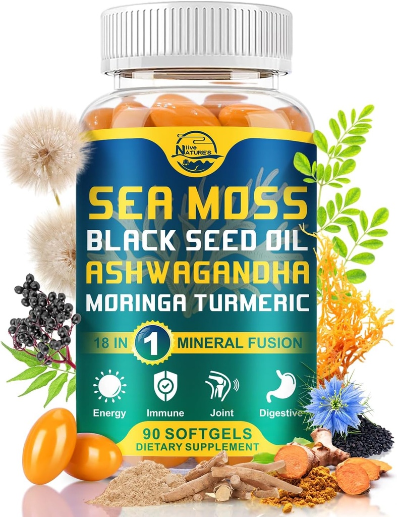 Nature 's live Organic Sea Moss Softgel, med Black Seed Oil, Ashwagandha, Bladderwrack, Ginger, Burdock Root, Manuka Honey, Cinnamon for Immunsystem, Hud, Energi, 90 Softgels, 1 Pack
