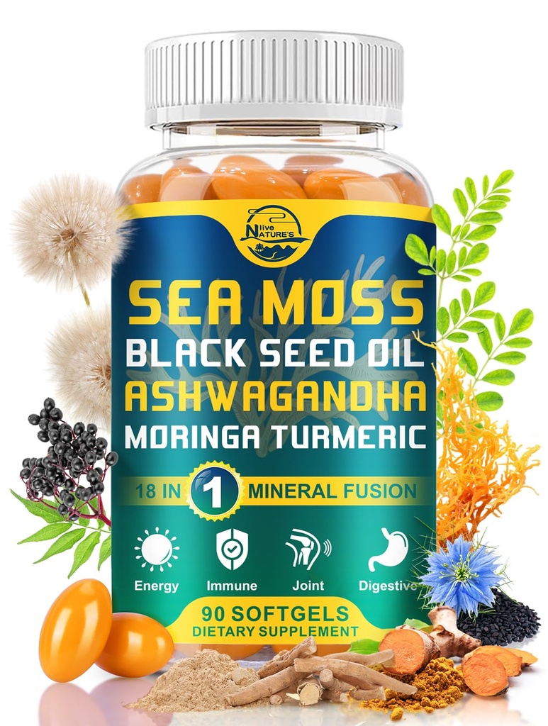 Nature 's live Organic Sea Moss Softgel, med Black Seed Oil, Ashwagandha, Bladderwrack, Ginger, Burdock Root, Manuka Honey, Cinnamon for Immunsystem, Hud, Energi, 90 Softgels, 1 Pack