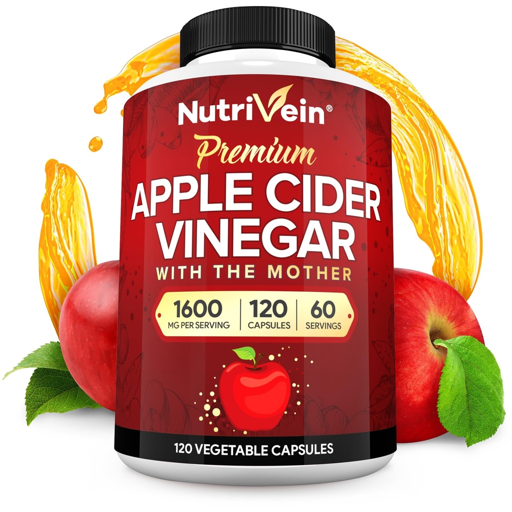 Nutrivein Premium Apple Cider Vineddike Kosttilskud med mor - 1600 mg - 120 Apple Cider Vineddike Kapsler: ACV piller til fordøjelse, Keto, Rengøring, og Balanceret Nutrition