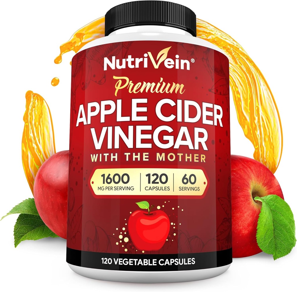 Nutrivein Premium Apple Cider Vineddike Kosttilskud med mor - 1600 mg - 120 Apple Cider Vineddike Kapsler: ACV piller til fordøjelse, Keto, Rengøring, og Balanceret Nutrition