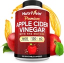Nutrivein Premium Apple Cider Vineddike Kosttilskud med mor - 1600 mg - 120 Apple Cider Vineddike Kapsler: ACV piller til fordøjelse, Keto, Rengøring, og Balanceret Nutrition