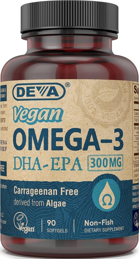 DEVA Vegan Omega-3 DHA EPA tillæg Once- Per- Day Softgel 300 MG - Carrageenan Gelatine & Gluten Free - non-Fish Algae Oil Fedtsyrer - 90 Softgels