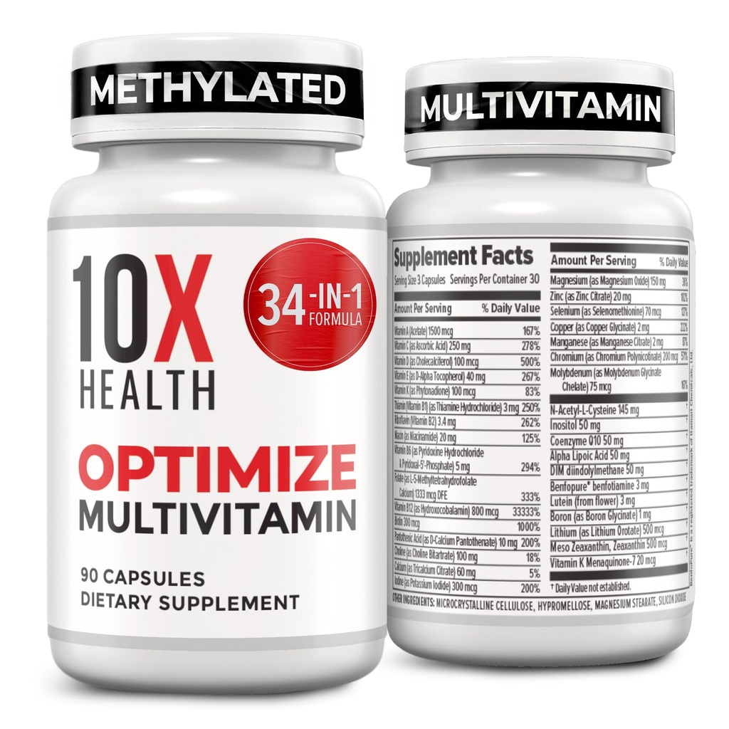 10X Health Optimize Multivitamin til mænd - 90 kapsler, Methyleret Multivitamin 34 i 1 Formel med 800 mcg vitamin B12, 5-MTHF, NAC - Methyl B Complex, MTHFR supplement