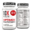 10X Health Optimize Multivitamin til mænd - 90 kapsler, Methyleret Multivitamin 34 i 1 Formel med 800 mcg vitamin B12, 5-MTHF, NAC - Methyl B Complex, MTHFR supplement