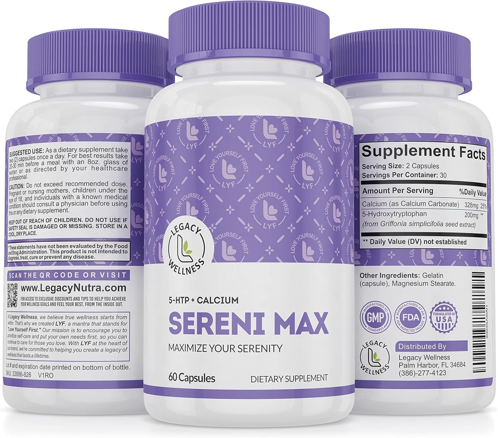 SERINATION - MAX - 5- HTP Mood Support + Calcium - Understøtter rolig & fredelig tilstand af sind - Boost Serotonin, 5HTP 200mg for stress management & dvalestøtte kosttilskud - 60 kapsler