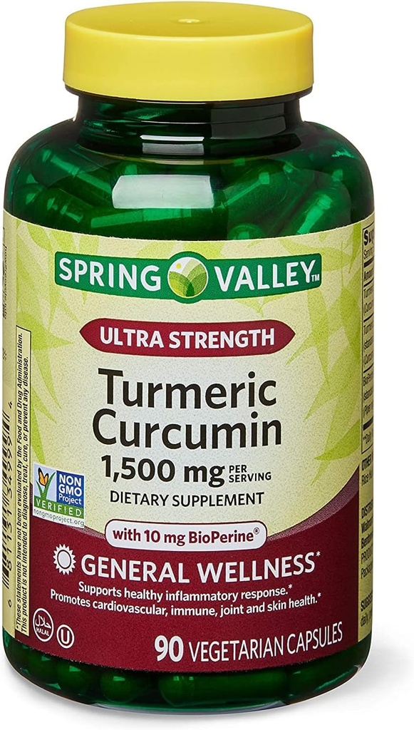 Forår sundhed 2 Set- Spring Valley Ultra - Strength Gurkemeje Curcumin 1.500mg 90 Kapsler + din Vitamin Guide, 1.0 Tæl