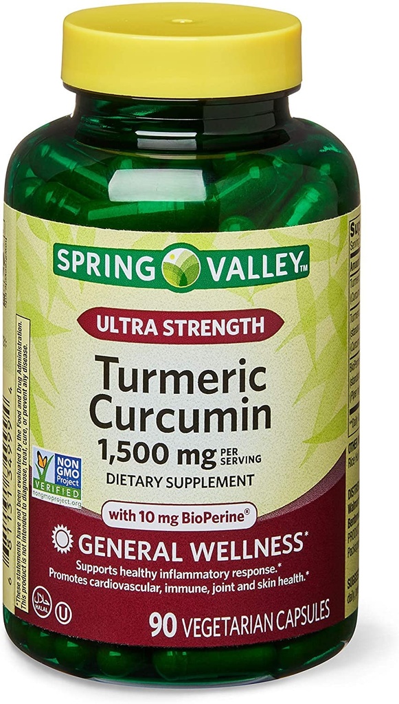 Forår sundhed 2 Set- Spring Valley Ultra - Strength Gurkemeje Curcumin 1.500mg 90 Kapsler + din Vitamin Guide, 1.0 Tæl