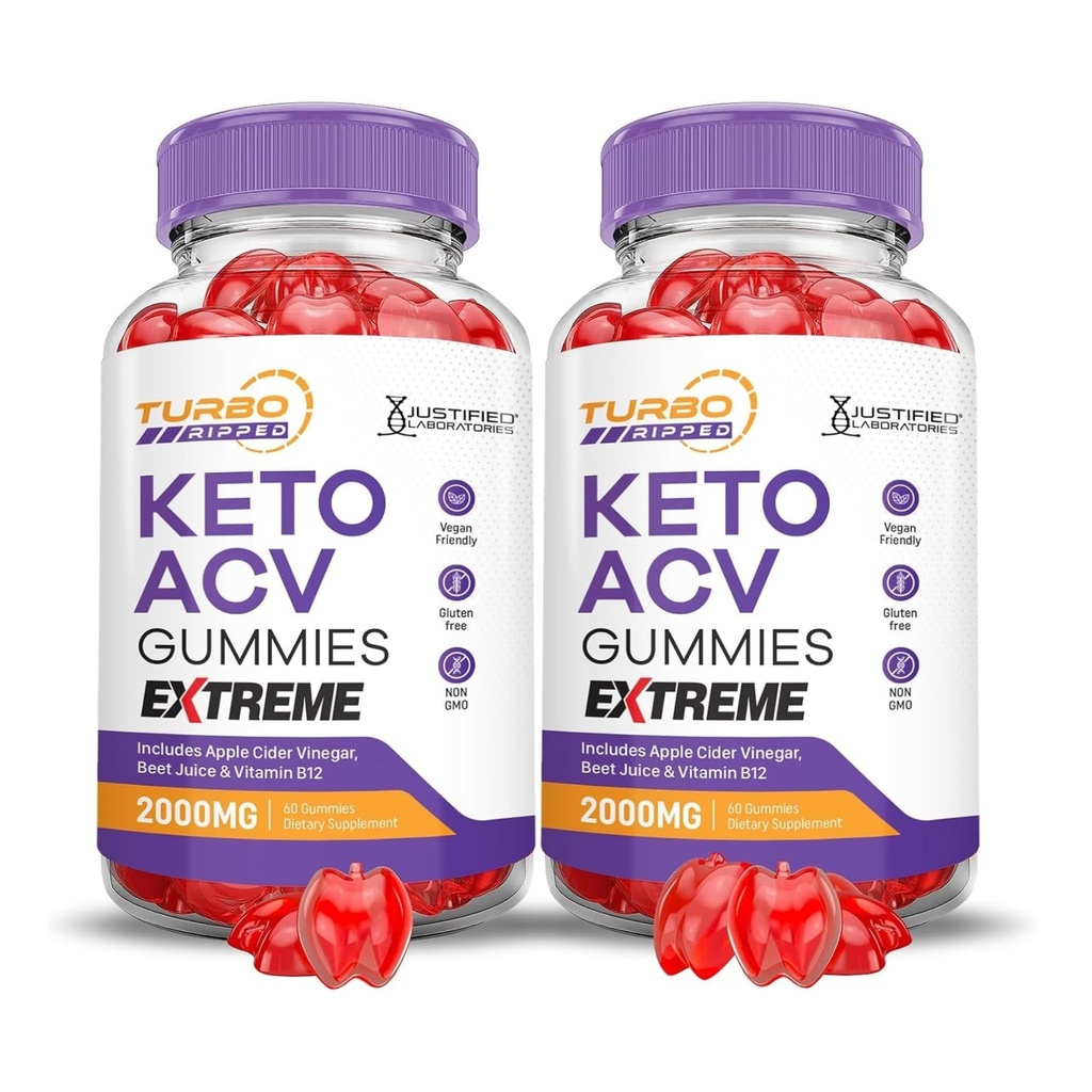Justified Laboratories (2 Pack Turbo Ripped Keto ACV Gummies Extreme 2000MG Turbo Ripped Keto Gummies Apple Cider Vinagar Formuleret med Pomegranate Beet Juice Powder B12 Vegan Non GMO 120 Gummys