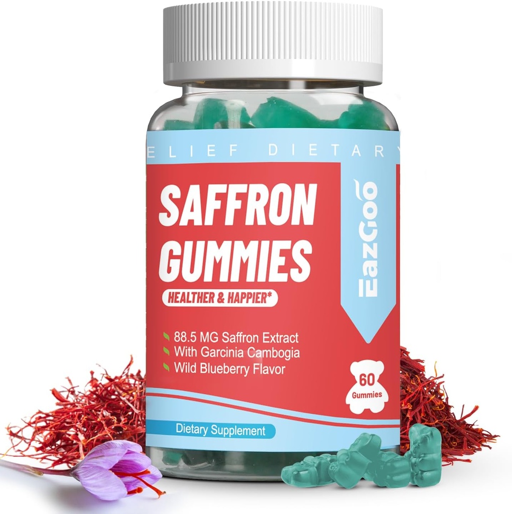 Saffron Supplements Gummies, Saffron Extract for Positive Mood & Calm Nerve, Boost Energy, med Garcinia Cambogia, Vitamin A, B12, Rhodiola Rosea - 60 Gummies