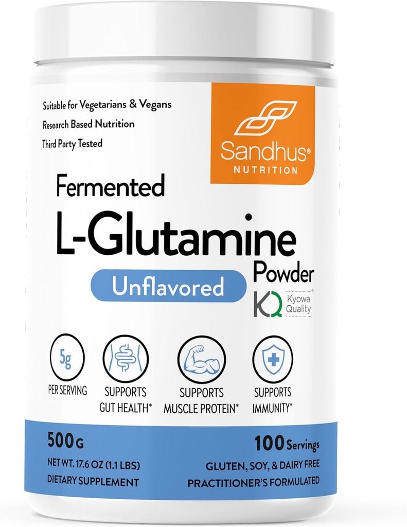 Sandhu 's L- Glutamin Powder Budding124; 100 Servering, 500 Gram, 17.6 Oz., Stor Størrelse, 3 Måneder Supply 124; Lavet i USA Budding124; Non- GMO, Aminosyre supplement til muskelstøtte og Gut sundhed