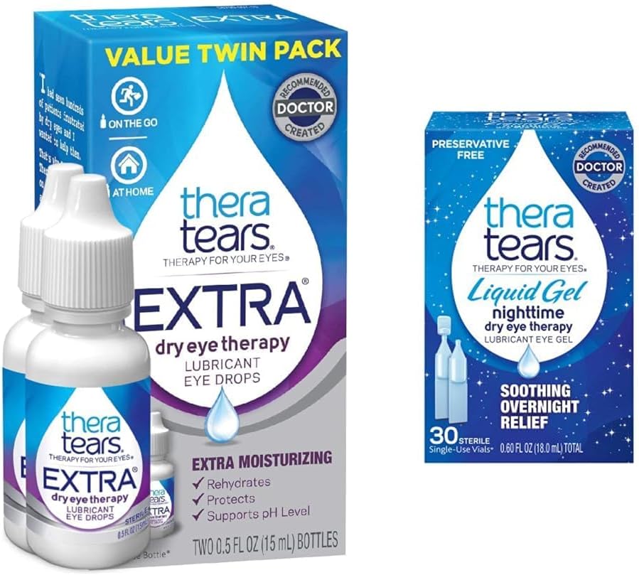 TheraTears Extra Dry Eye Therapy- terapi Smøreøjendråber til tørre øjne, 0,5 fl oz flaske, 2 greve (pakke med 1) & Flydende Gel Nighttime Smøreøjendråber til tørre øjne, Single- use Hætteglas, 30 Greve