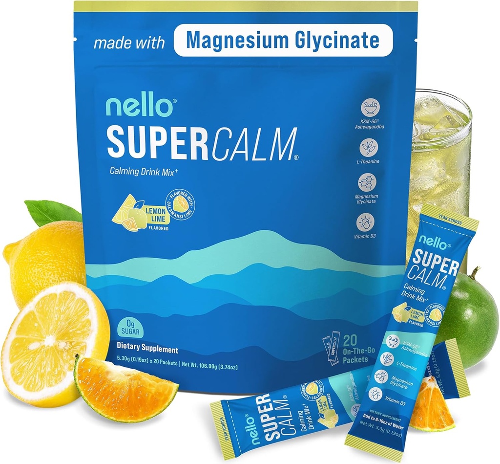 Nello Superroady Drink Mix - Ashwagandha KSM 66, Magnesium Glycinate & L- Theanine Supplement, Vitamin D3 - Ashwagandha Root Extract - Fokus- og slapningsunderstøttelse (20 Rejsepakker) - Lemon Lime
