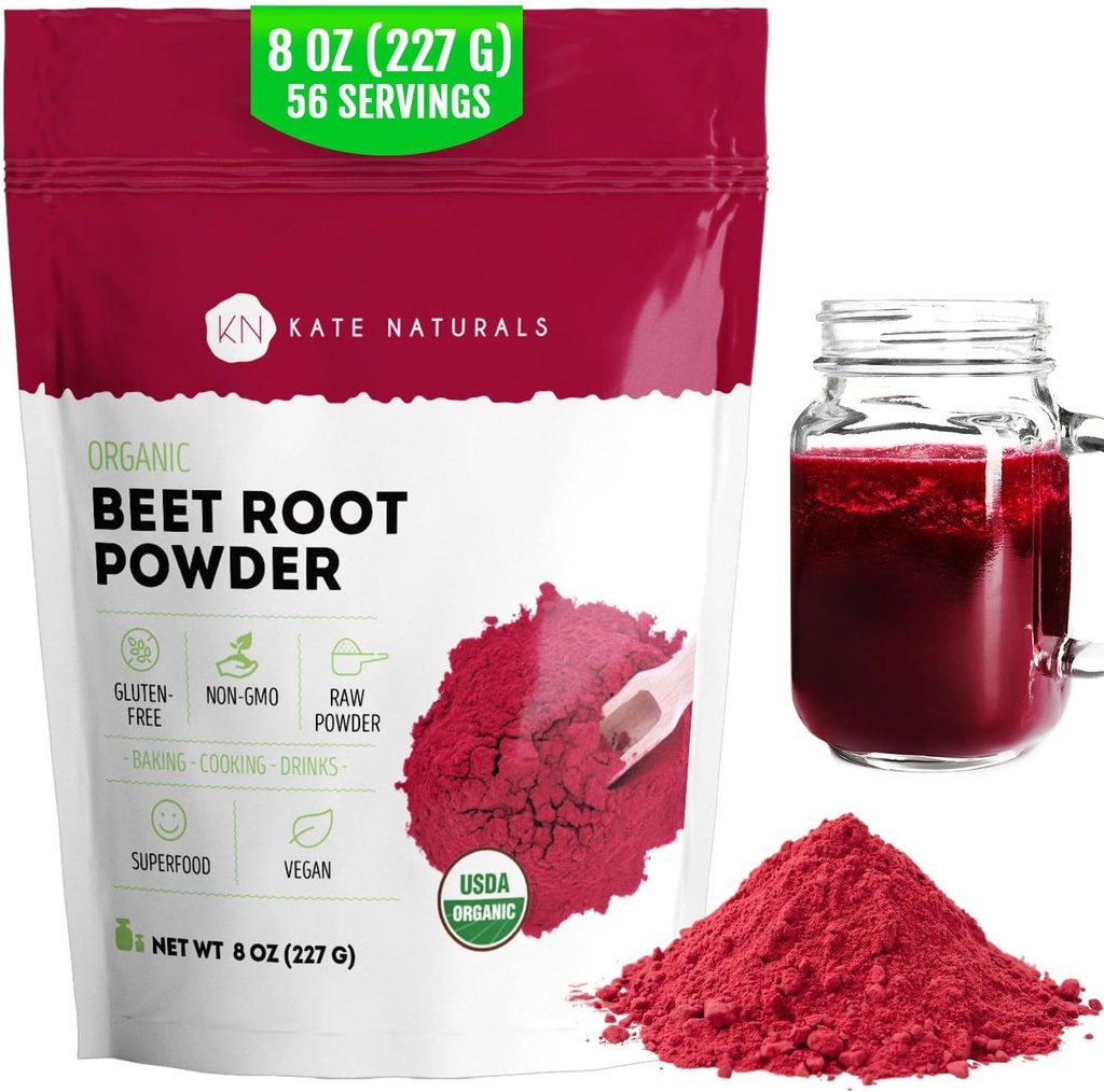 Kate Naturals Organic Beet Root Powder til Smoothies, Bagning & Juice. Rå rødbeder Superfood & Natural Red Food Farvelægning (8oz, non-GMO, Earthy Flavor)