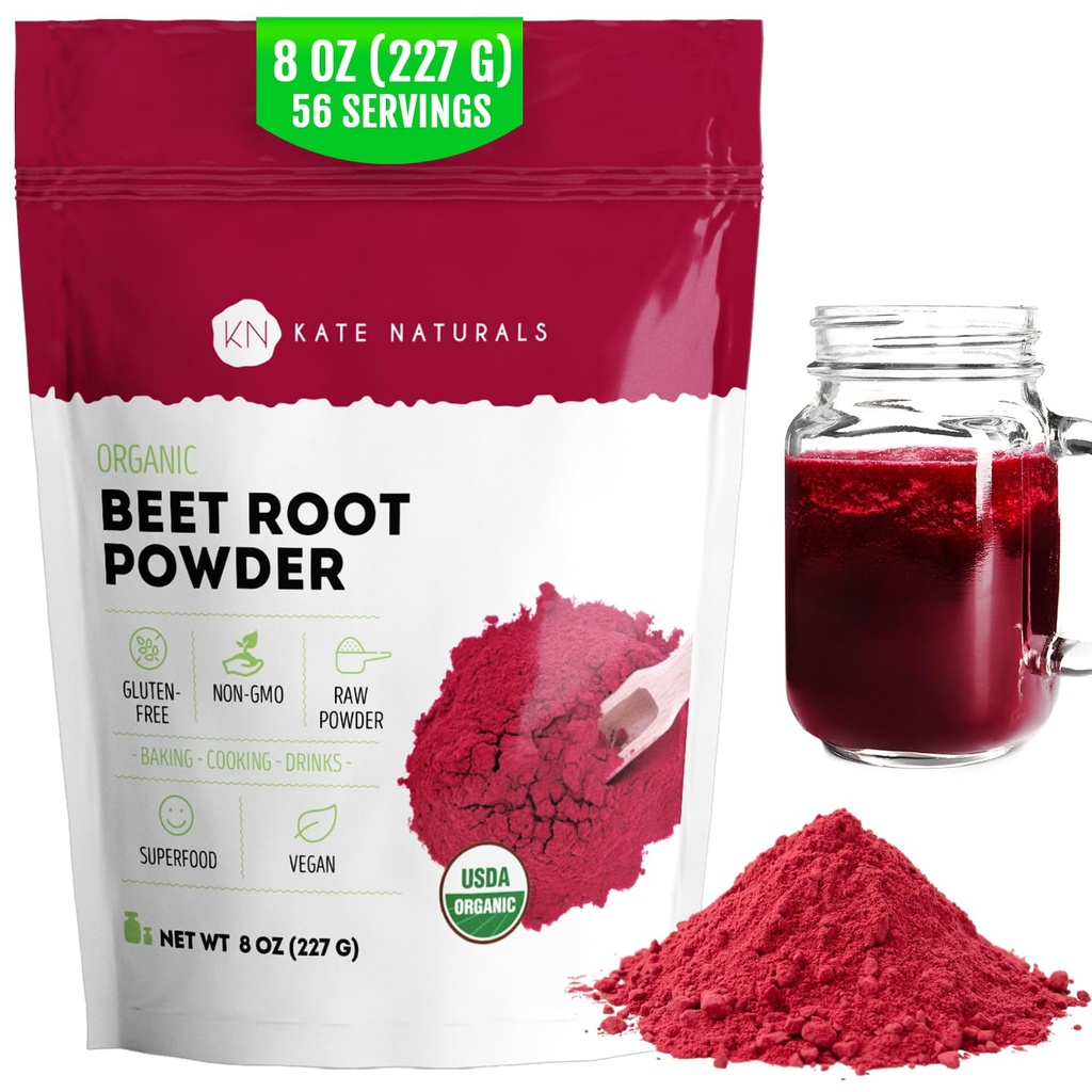Kate Naturals Organic Beet Root Powder til Smoothies, Bagning & Juice. Rå rødbeder Superfood & Natural Red Food Farvelægning (8oz, non-GMO, Earthy Flavor)