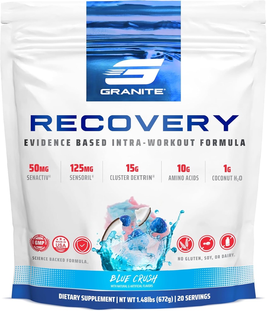 Granite Recovery Intra og post-workout supplement, Blå Crush Flavor, med 10g Aminos, Elektrolyter, Cluster Dextrin, & Sensoril, understøtter Muscle Recovery & Growth (20 Servere)