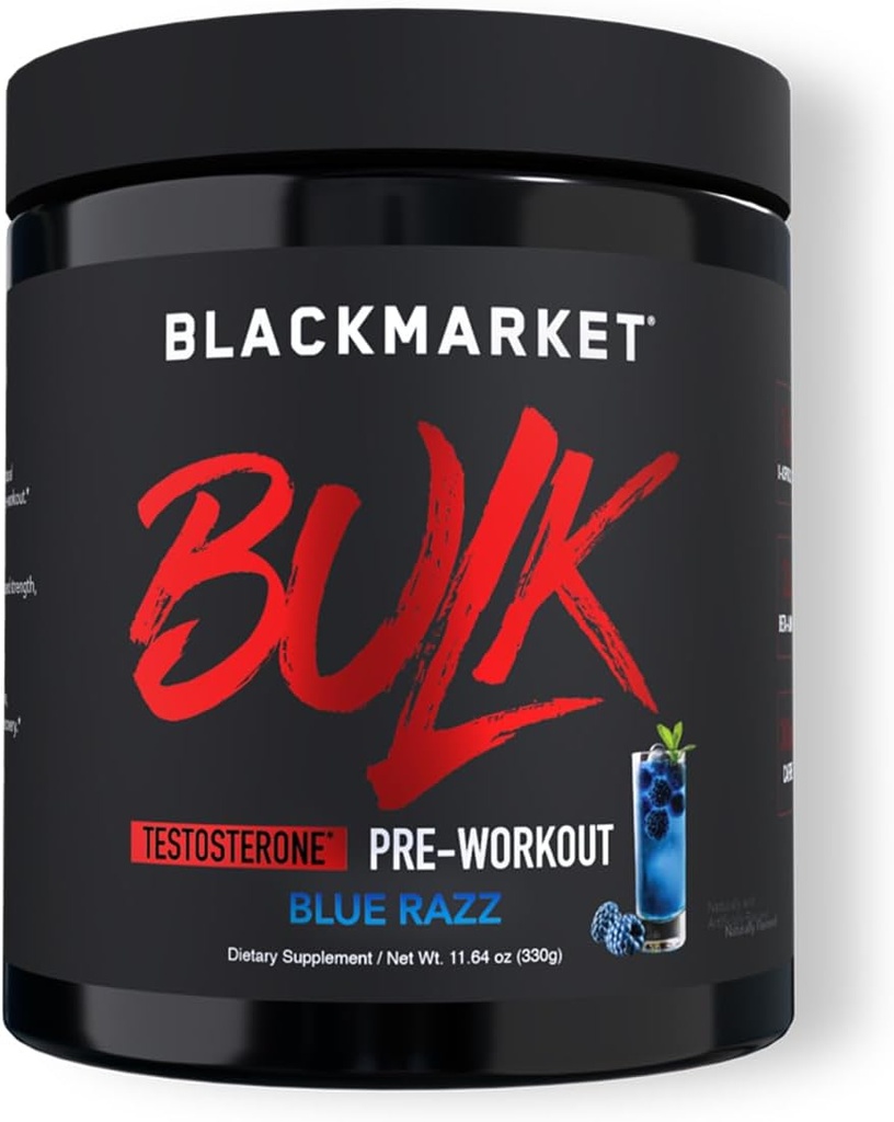 BLACKEMARKEDET Bulk Pre Workout - Preworkout Energy Drink for mænd 30 Servering - Pre-workout Drink Powder med Creatin (blå razz)