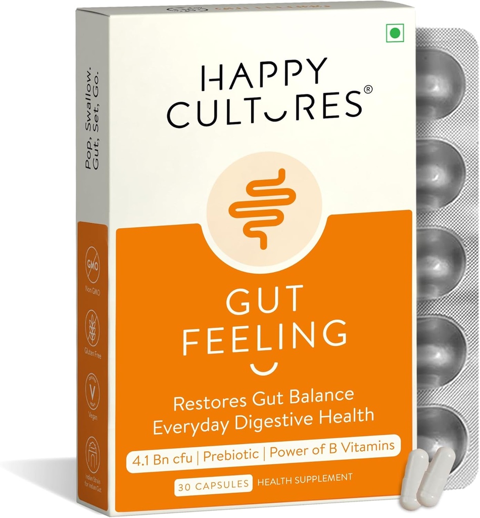 Happy Cultures Gut Feeling Digestion Supplement Unique Blend of Probiotics for Daily Digestive Health B- Vitaminer Gut Health Supplement for Bloating, IBS, Digestion Clinically Testet - 30 Veg kapsler