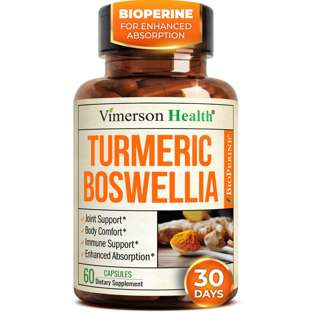 Boswellia Serrata Gurkemeje Supplement for fælles støtte & inflammation Balance - Gurkemeje Boswellia tillæg med Ginger & Black Pepper Extract for Enhanced Absorption - Non- GMO - 60 Kapsler