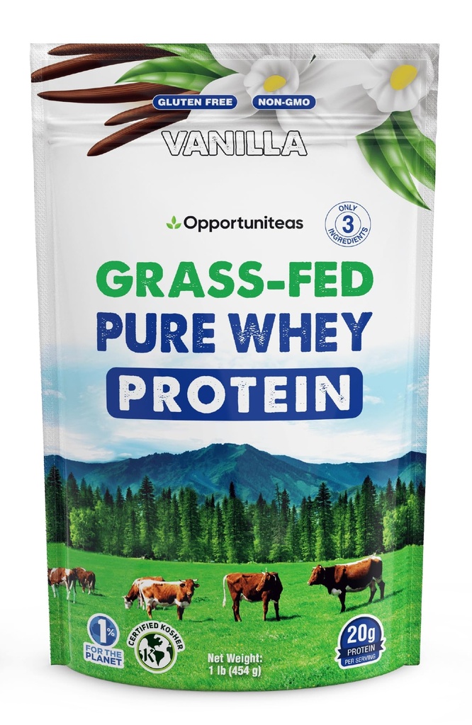 Opportuniteas Grass Fed Whey Protein Powder Concentrate - Vanilla - Pure Protein Supplement - Ikke GMO, Hormone Free & Gluten Free - 1lb