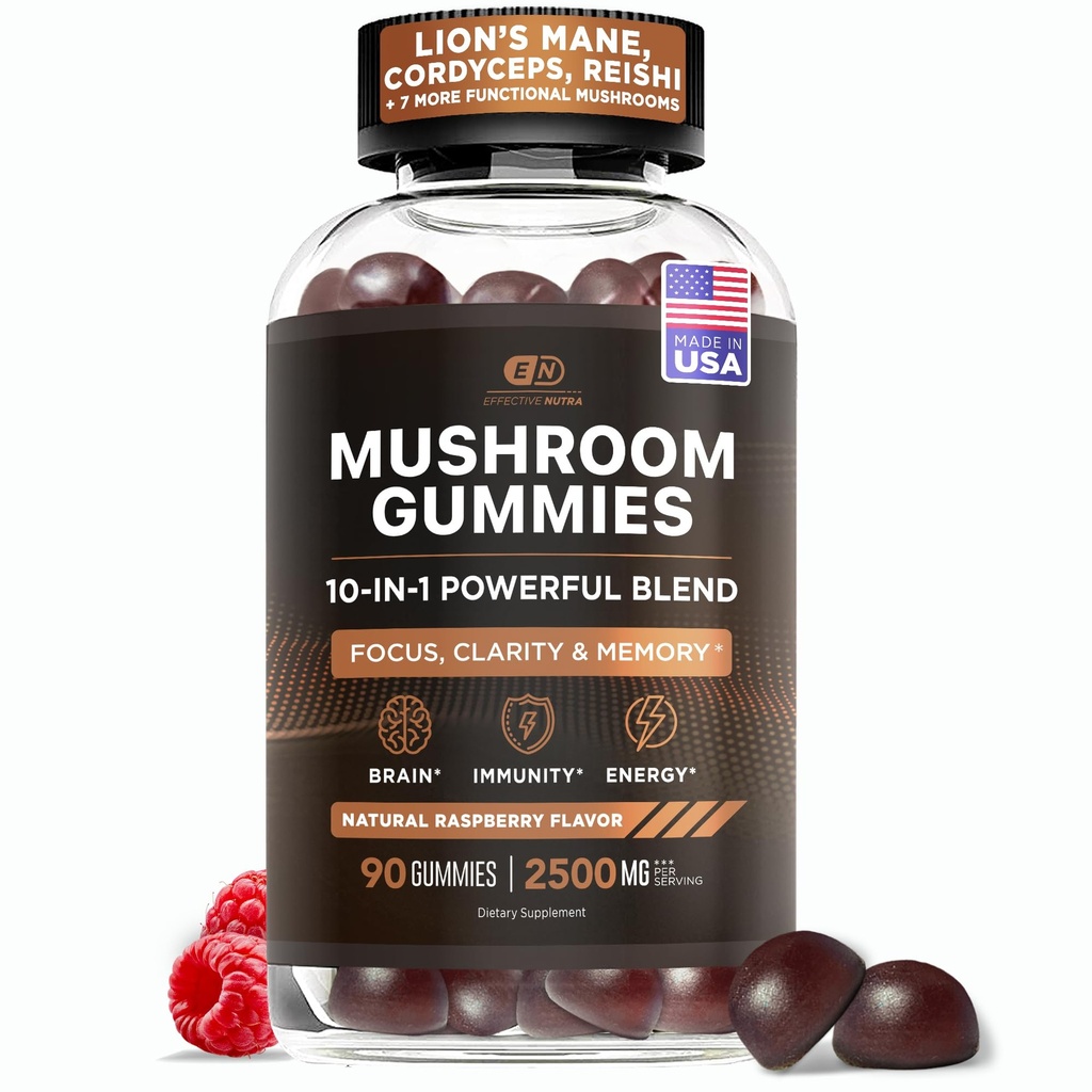 Effektiv Nutra Mushroom Gummies 2500mg - 10in1 Lions Mane, Reishi, Chaga, Cordyceps & Mere - Fokus, Klarhed, Hukommelse, Immunitet, Energi - Natural Raspberry Flavor, Vegan, Made in USA (90 Count)