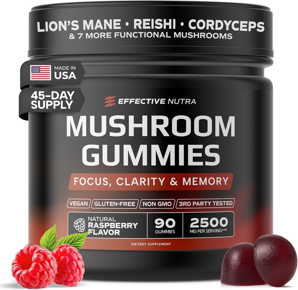 Effektiv Nutra Mushroom Gummies 2500mg - 10in1 Lions Mane, Reishi, Chaga, Cordyceps & Mere - Fokus, Klarhed, Hukommelse, Immunitet, Energi - Natural Raspberry Flavor, Vegan, Made in USA (90 Count)