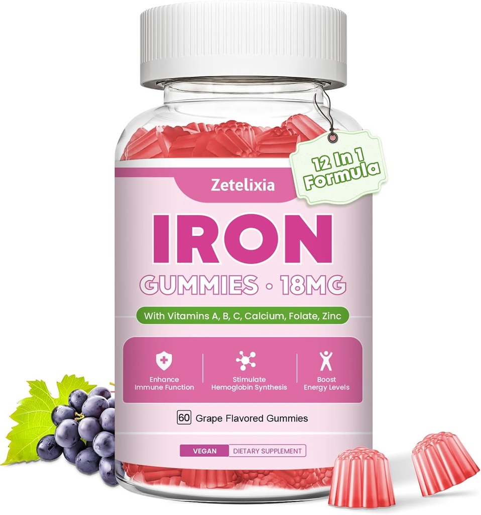 Vegansk jerntilskud Gummies for kvinder & mænd, Anæmi, Blood Builder & Energy Support for Iron Deficiency, med C-vitamin, A, B Complex, Folate, Beet Root, CoQ10, Zink, Sugar Free, 60 Greve