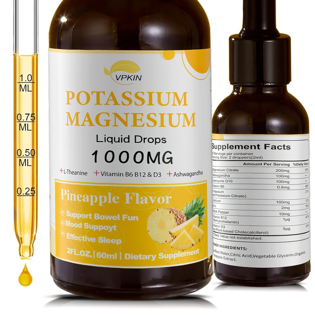 Kalium Magnesium citrat supplement, Magnesium Flydende dråber 1000mg med Magnesium Glycinat, Support Calm & Bone & Muscle & immun Health (Ananas, 2 FL.OZ.)