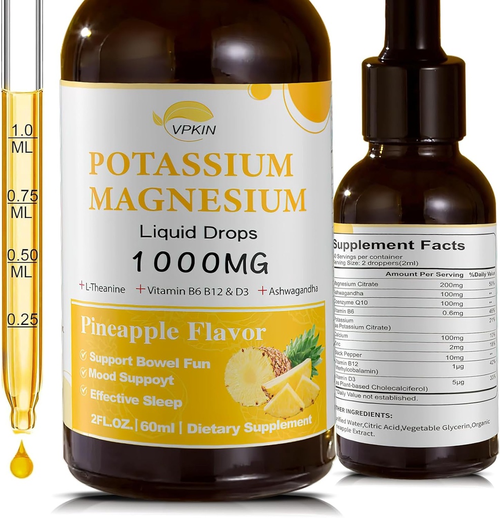 Kalium Magnesium citrat supplement, Magnesium Flydende dråber 1000mg med Magnesium Glycinat, Support Calm & Bone & Muscle & immun Health (Ananas, 2 FL.OZ.)