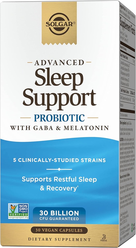 Solgar Advanced Sleep Support Probiotisk med GABA & Melatonin, 30 Vegansk Kapsler - 30 Millioner CFU - 5 Clinically-Studied Strops - Support for Restain Sleep & Recovery - Non- GMO & Vegan, 30 Servere