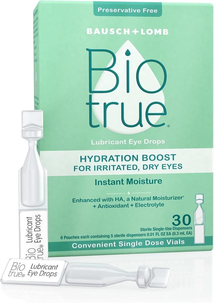 Biotrue Hydration Boost, Preservative- Gratis øjendråber til tørre øjne, Straks fugtgivende, Rehydrater, Kontakt Venlige, Opfrisk & Relieve Eye Irritation, 30 Single-use hætteglas (pakke med 1)