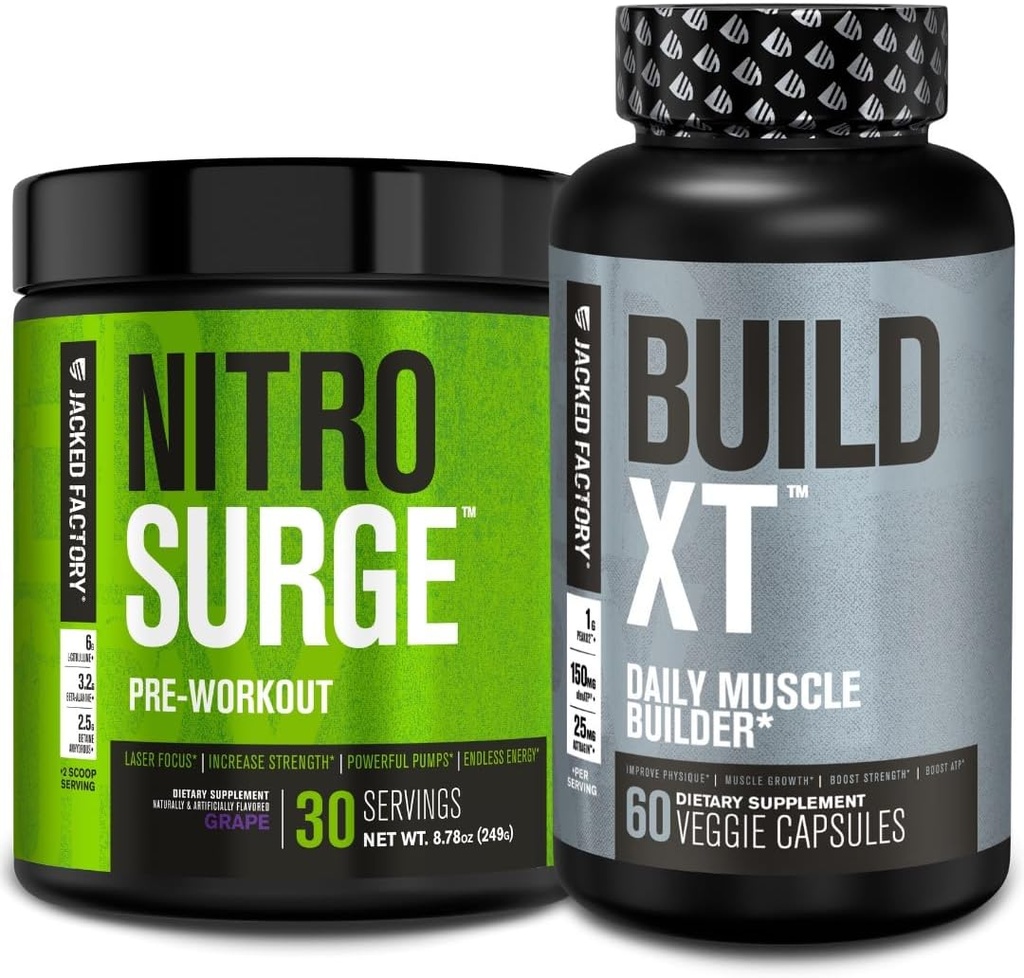 Jacked Factory Nitrobølge Pre- Workout i Grape & Build XT Muscle Building Bundle for mænd og kvinder