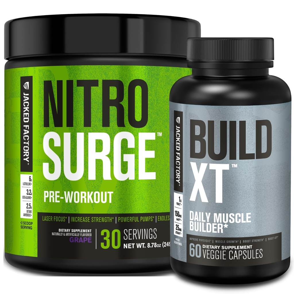 Jacked Factory Nitrobølge Pre- Workout i Grape & Build XT Muscle Building Bundle for mænd og kvinder