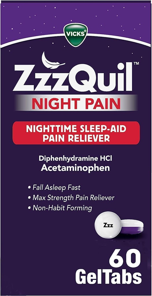 ZzzQuil Night Pain GelTabs, Nighttime Pain Relief, Sleep Aid Tablets, Diphenhydramin HCl og Acetaminophen, No.1 Sleep Aid Brand, Max Strength Pain Reliever, 60 GelTabs