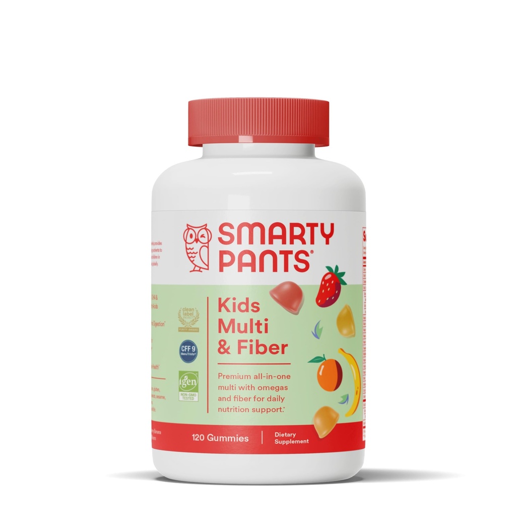 SmartyPants Kids Multivitamin Gummies og Fiber Supplement: Vitamin D3, C, Vitamin B12, B6, A, Zink, Biotin, Inositol, Fiber Gummies, Three Fruit Flavors, 120 Greve (30 dages forsyning)