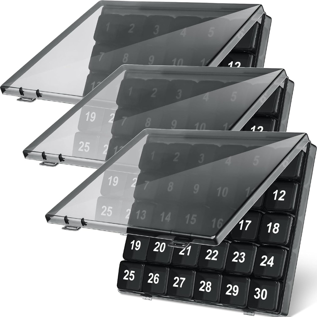 Bokon 3 Pcs Månedlig Pill Organizer - 30 Day Medicine Box, 4 uger opbevaring Container, En gang en dag Medication Dispenser for Rejser, Sort