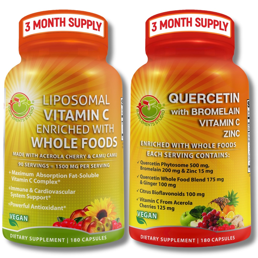 Quercetin med Bromelain, C-vitamin & Zink + Liposomal C-vitamin 1500mg - immunsupport Bundle med Organic Acerola Cherry, Camu Camu & Citrus Bioflavanoider - Vegan, Non- GMO, Clean Wellness Support