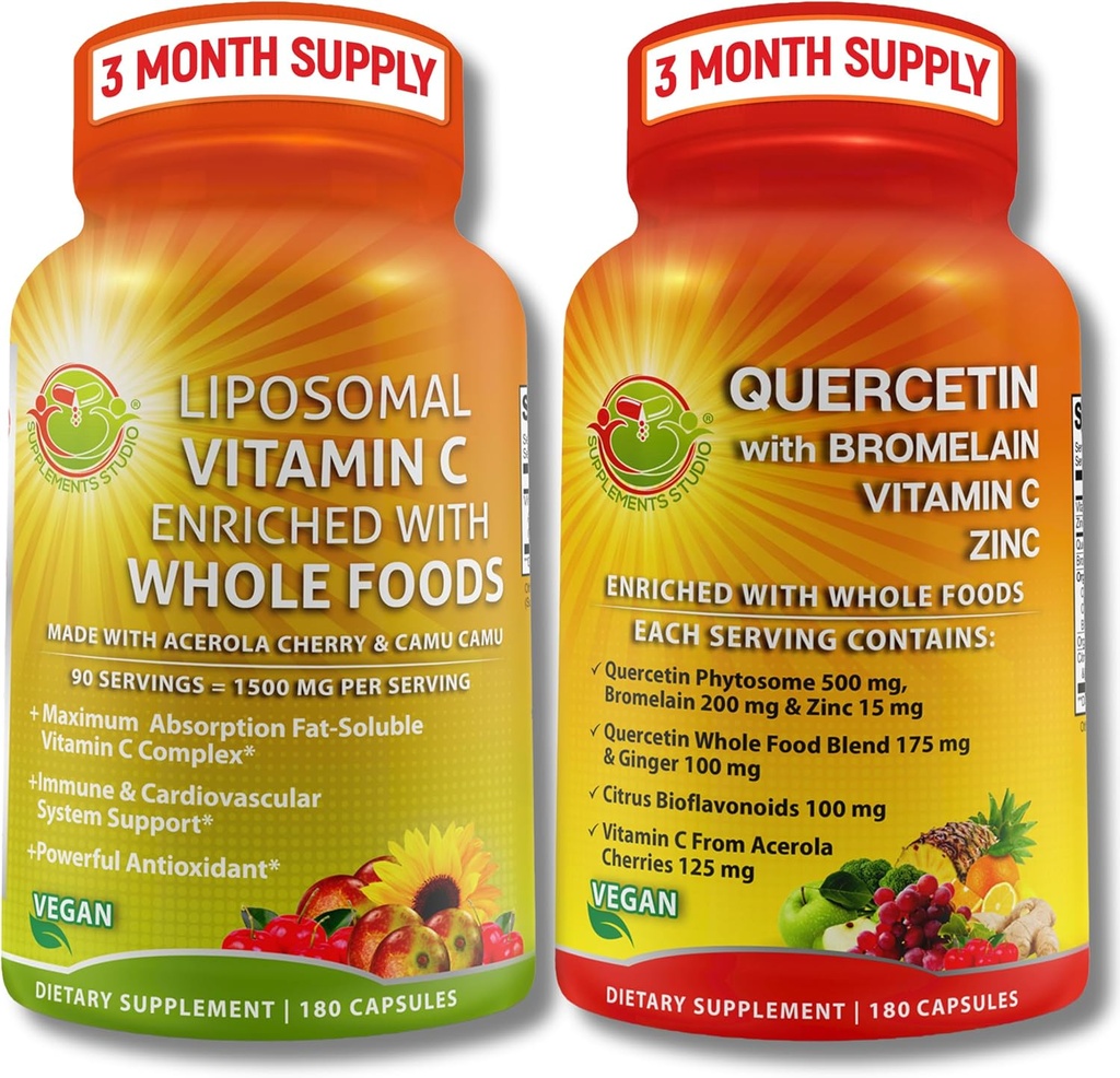 Quercetin med Bromelain, C-vitamin & Zink + Liposomal C-vitamin 1500mg - immunsupport Bundle med Organic Acerola Cherry, Camu Camu & Citrus Bioflavanoider - Vegan, Non- GMO, Clean Wellness Support