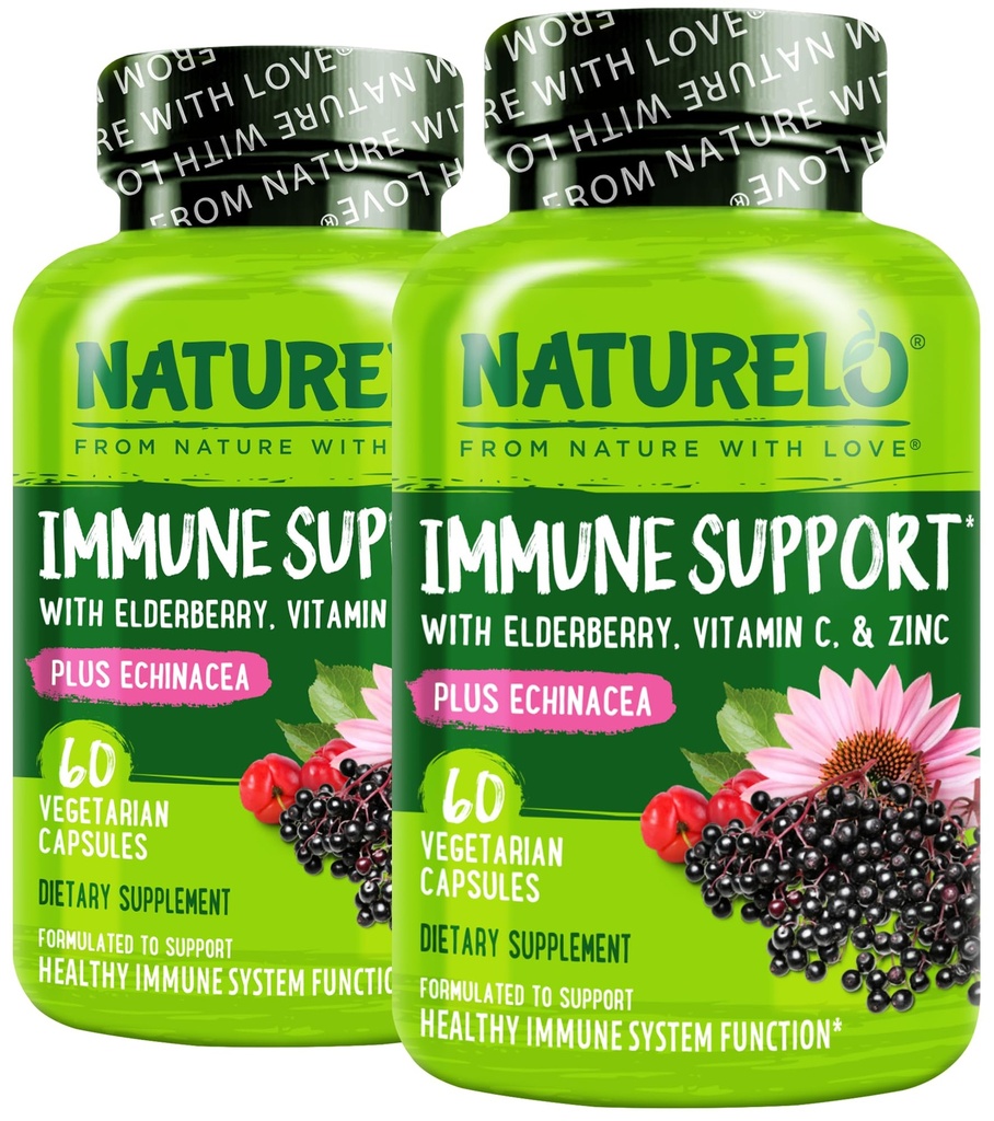 NATURELO immunforsvar C-vitamin, hyldebær, zink, Echinacea Naturlig Immunitet Boost w / Antioxidant, urte- og mineralforsvar - 60 Veganske kapsler (pakke med 2)