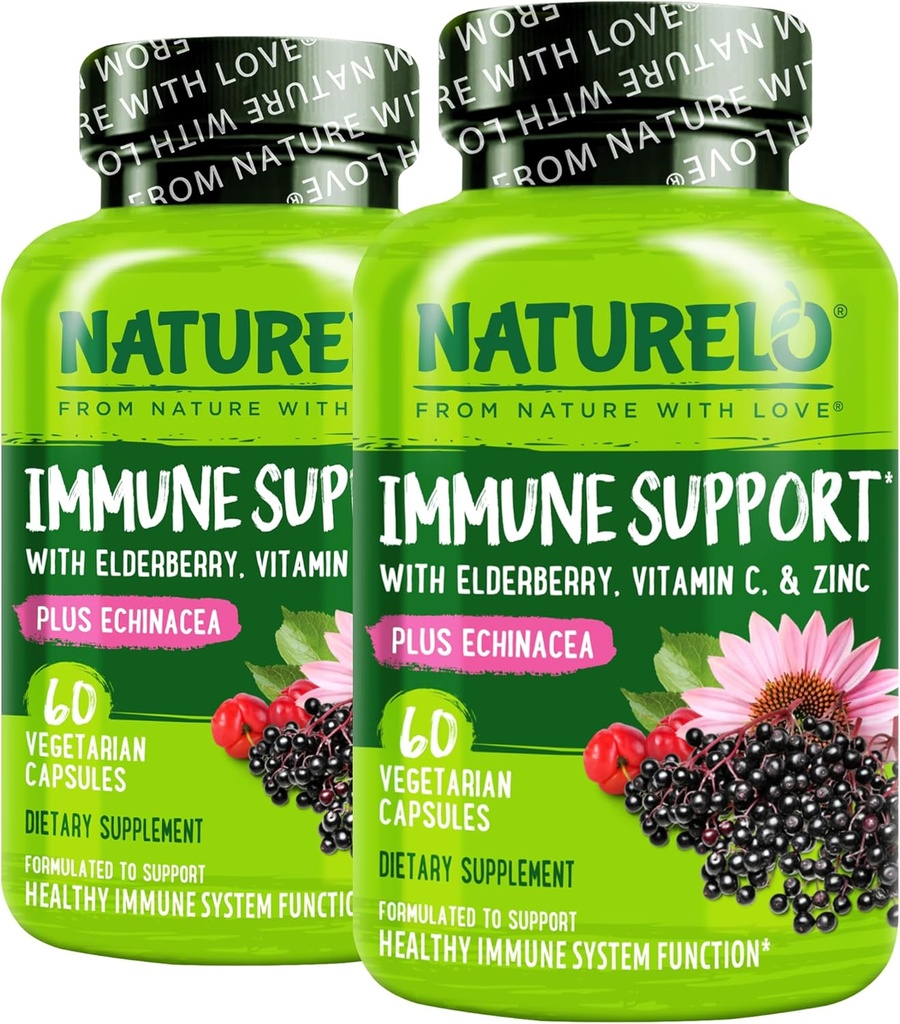 NATURELO immunforsvar C-vitamin, hyldebær, zink, Echinacea Naturlig Immunitet Boost w / Antioxidant, urte- og mineralforsvar - 60 Veganske kapsler (pakke med 2)