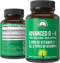 Peak Performance Advanced D 5000 IE med alle 3 typer vitamin K vitamin D3 og vitamin K2, K1, MK- 7 (MK7), MK4 supplement. 60 Små og nemme at synke vegetabilske piller (5000 IE)