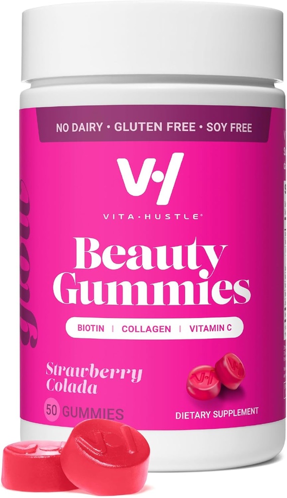 VitaHustle Beauty Gummies, 2500 mcg Biotin, 100 mg Collagen, C-vitamin, B- Complex, Stærk Hår, Hudnegle, Lavsukker, Ikke GMO, Jordbær Colada, 50 Greve