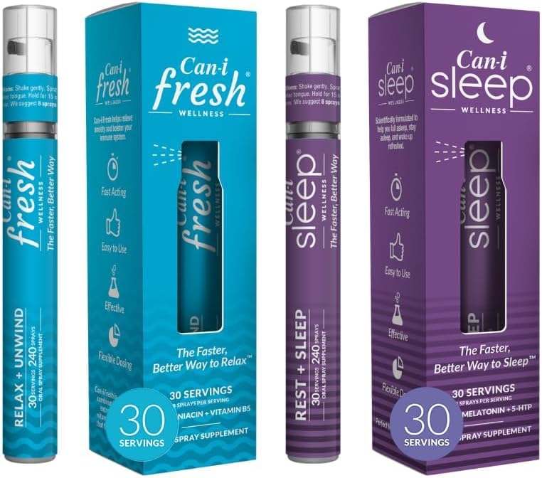 Can-I Wellness Natural Sleep Aid and Calming Vitamin Spray Bundle - Vegan Supplement with Melatonin, GABA, 5-HTP & L-Theanine - Fast-Acting Oral Spray for Healthy Stress Management and Mood Support