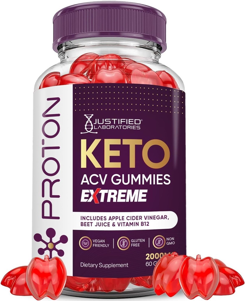 Justified Laboratories Proton Protein Keto ACV Gummies Extreme 2000MG Proton Keto Gummies Apple Cider Vinciate Formuleret med Pomegranate Beet Juice Powder B12 Vegan Non GMO 60 Gummys