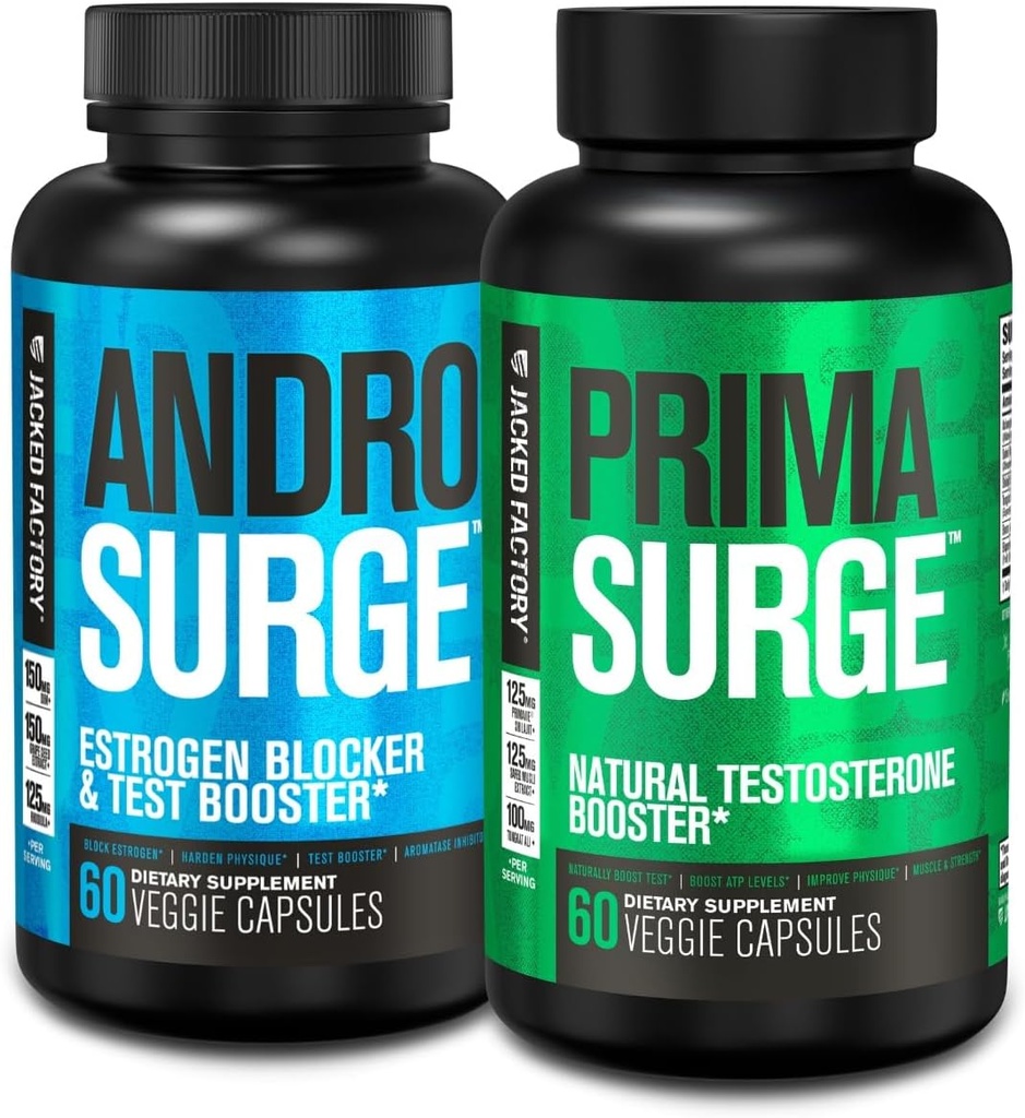 Jacked Factory Testosteron Booster for mænd against 124; Østrogen Blocker med Tongkat Ali - Androvse Anti- Estrogen + Primasug Natural Test Booster - for muskelvækst, Vitality, energi, 30 dages forsyning