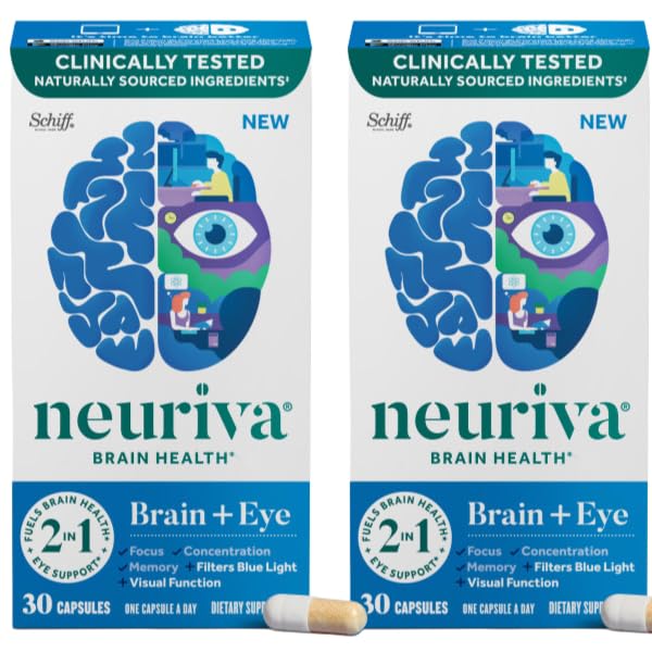 NEURIVA Brain + Eye supplement til hukommelse, fokus og koncentration med klinisk testet Lutein og Zeaxanthin, Vitamin A C & E + Zink til øje sundhed & Filter Blue Light 30 Count Capsules (2 Pack)