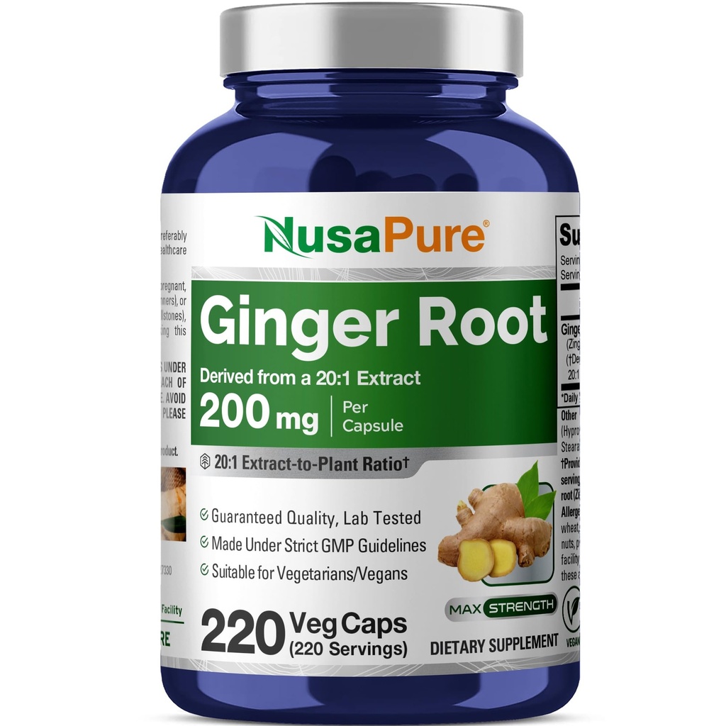 NusaPure Ingefær Root Capsules 20: 1 Extract, 200 mg Ækvivalent med 4. 000mg per Veggie Caps