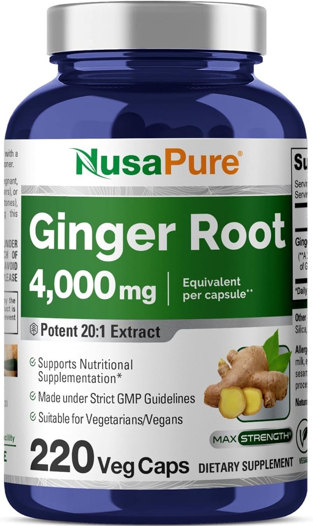 NusaPure Ingefær Root Capsules 20: 1 Extract, 200 mg Ækvivalent med 4. 000mg per Veggie Caps