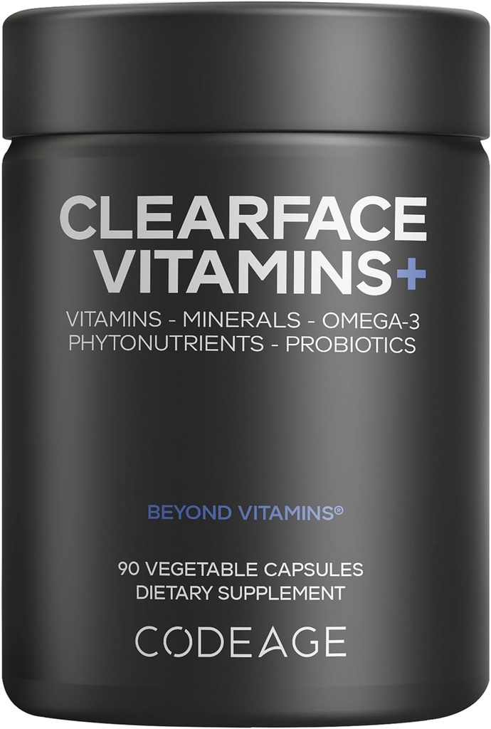Kodeage Clearface Pantothensyre, Niacin Supplement, Vitamin A, C, D3, E, Probiotika, Zink, Riboflavin, Thiamin, L- Lysin HCL & Omega-3, Niacinamid, Skin Botanisk Blend - Non- GMO - 90 Kapsler
