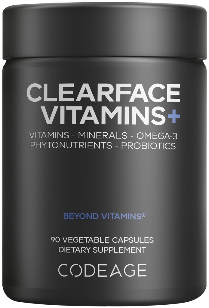 Kodeage Clearface Pantothensyre, Niacin Supplement, Vitamin A, C, D3, E, Probiotika, Zink, Riboflavin, Thiamin, L- Lysin HCL & Omega-3, Niacinamid, Skin Botanisk Blend - Non- GMO - 90 Kapsler